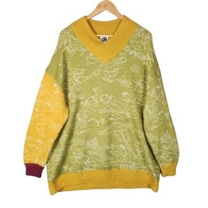 Yanyan Knits Sweater XS Green Yellow Colorblock Jaquard Motif Oversized Mohair‎